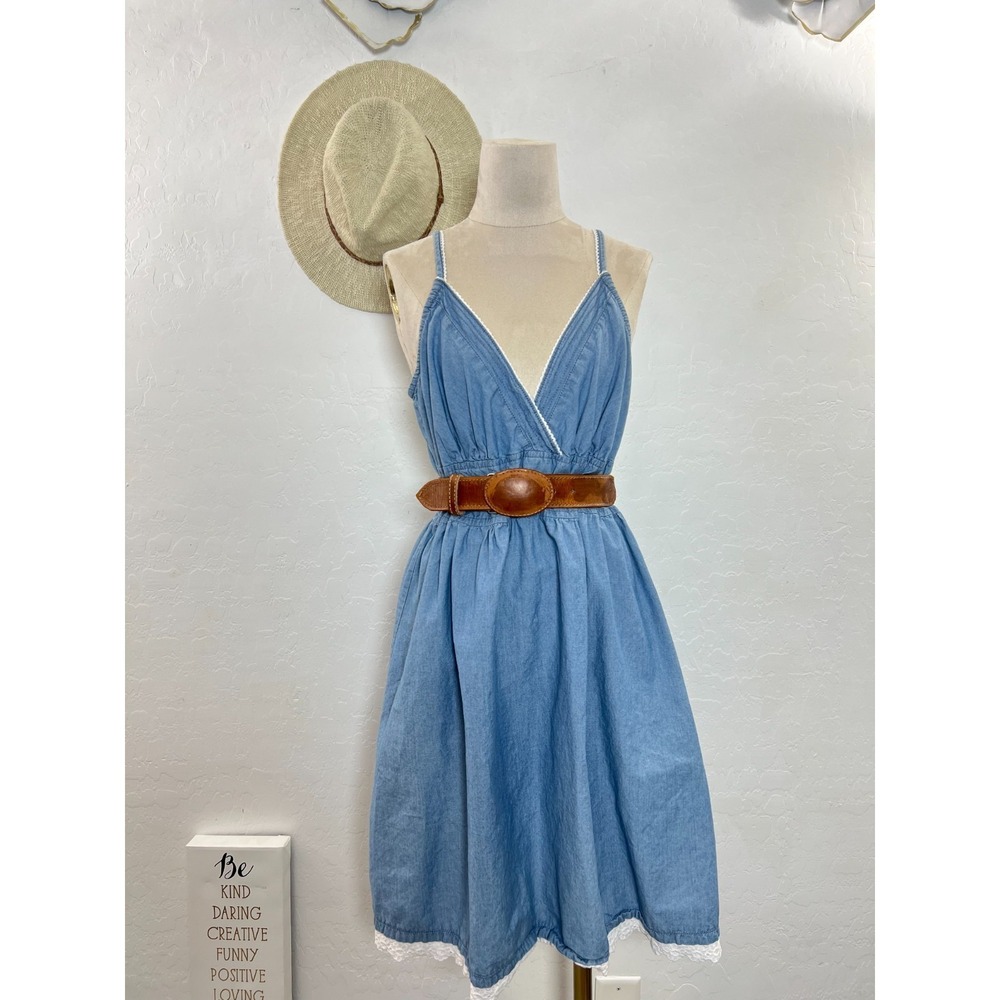 Mango Ruched Denim baby doll Dress women L maxi lace straps summer western boho